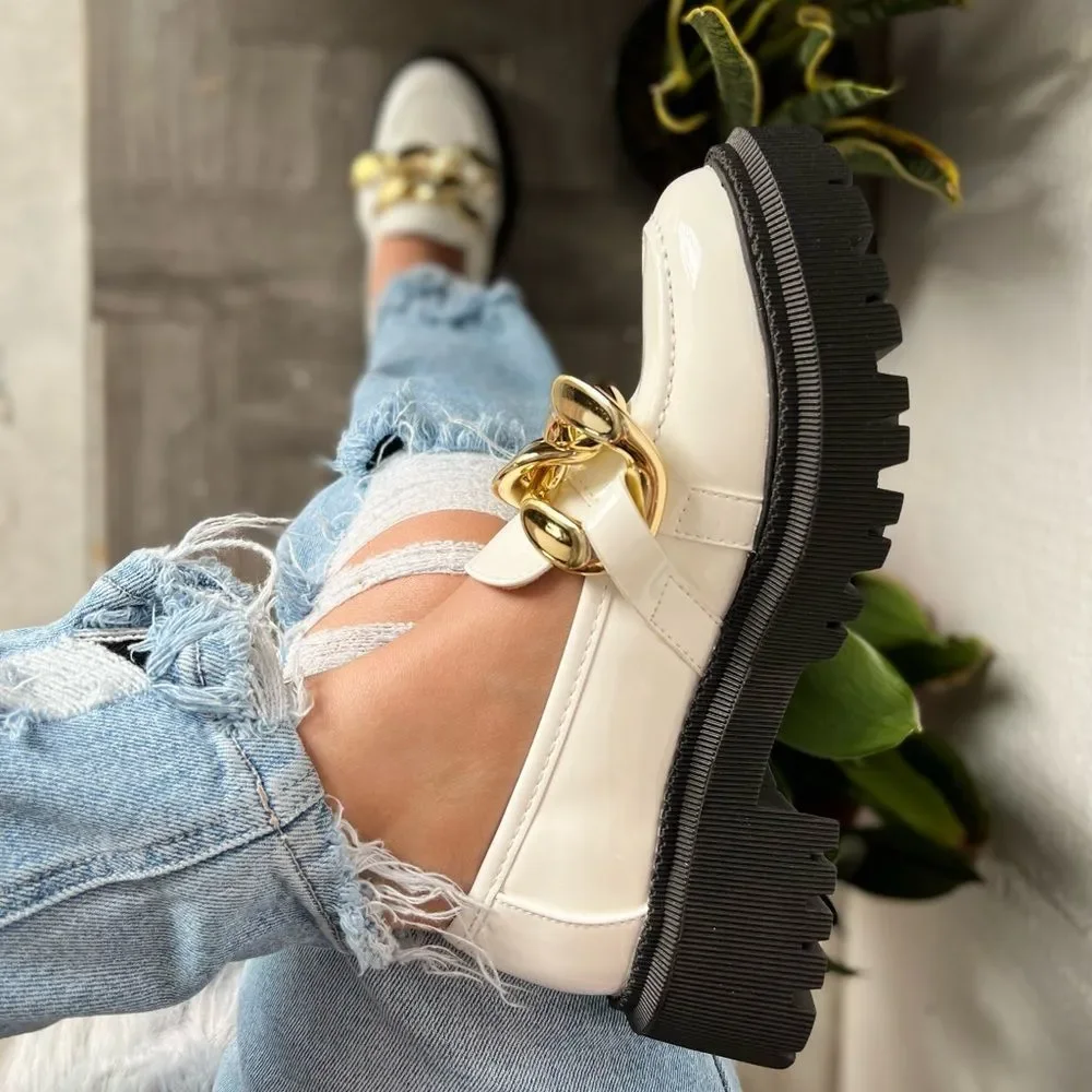 White Chain Strap Platform Loafers - Picture 2 of 11
